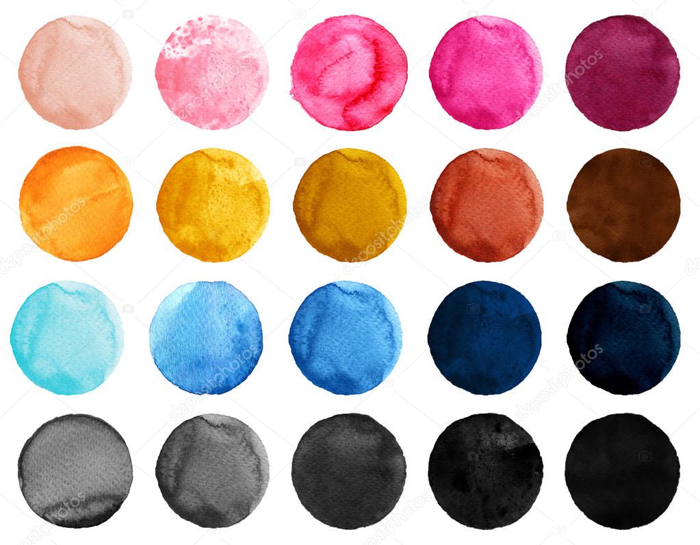 Watercolor Illustration for artistic design. Round stains, blobs of blue, pink, yellow, black and brown color