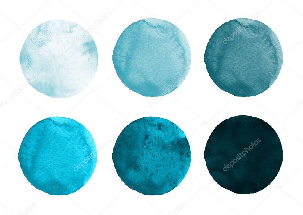 Set of watercolor spring blue, malachite, mint circles. Watercolour round elements for logo design, banners, posters.