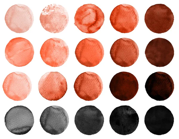 Uppsättning av burgundy, brun färg akvarell hand målad cirkel isolerade på vitt. Illustration till konstnärlig gestaltning. Runda fläckar, blobbar — Stockfoto