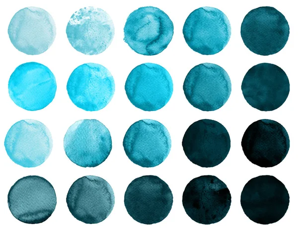 Conjunto de azul acuarela pintado a mano círculo aislado en blanco. Ilustración para diseño artístico. Manchas redondas, manchas de color menta — Foto de Stock