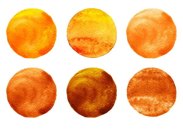 Acquerello cerchi collezione colori arancio e marrone. Macchie poste isolate su sfondo bianco. Elementi di design — Foto Stock