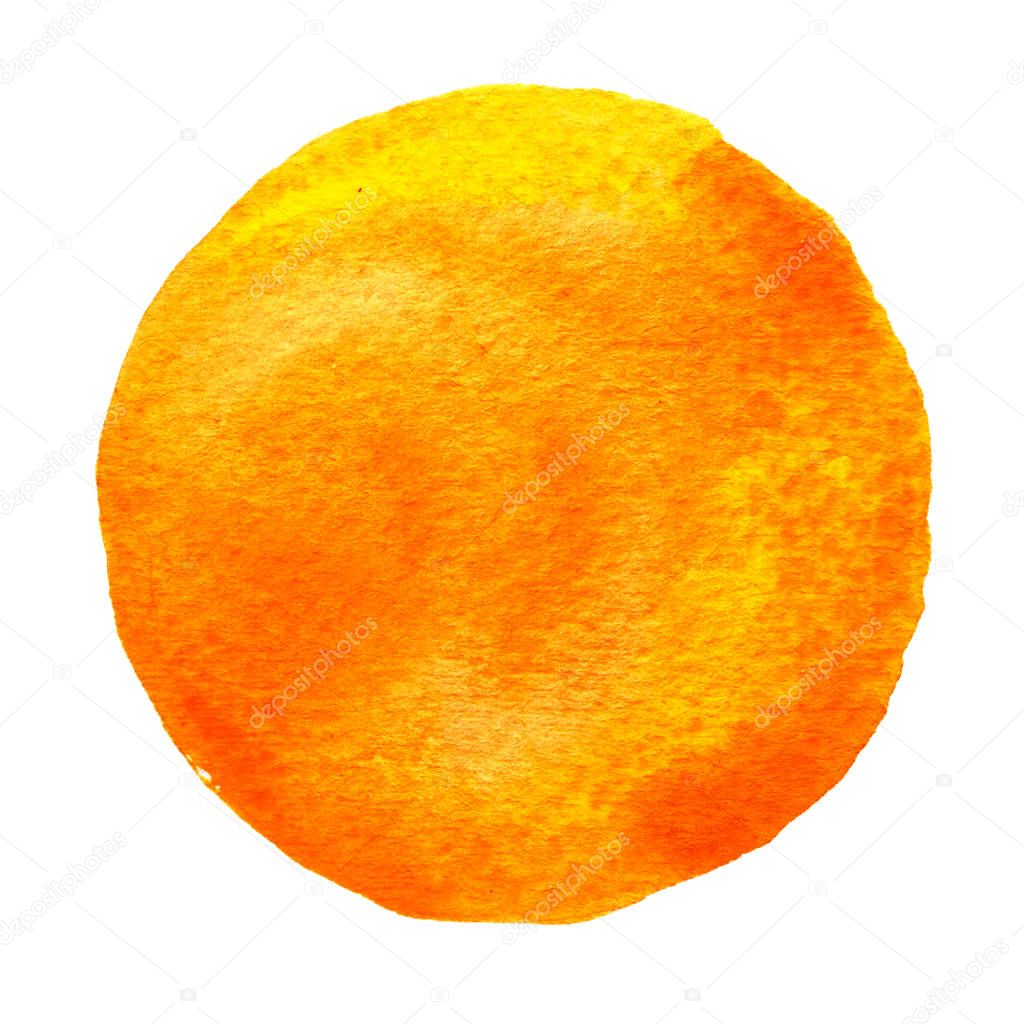 Yellow, orange circle painted with watercolor on a white background