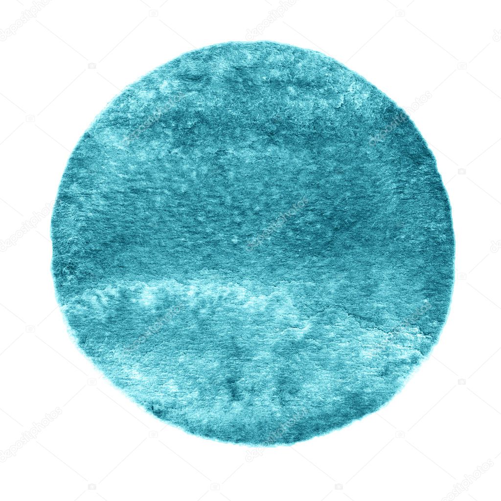 Turquoise, ocean watercolor circle. Watercolour stain with uneven edges isolated on white background. Design element. Watercolor retro geometric round shape
