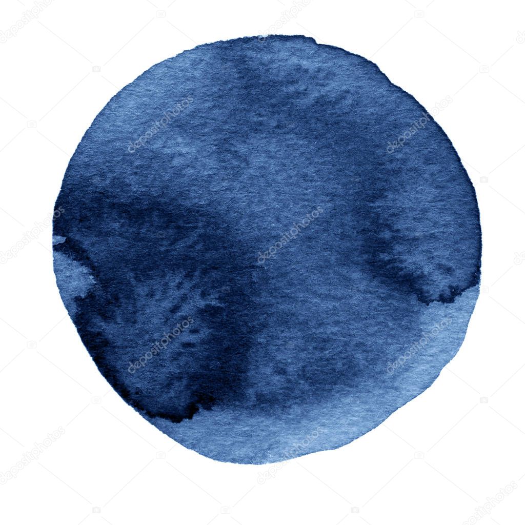 Blue watercolor circle. Watercolour stain with uneven edges isolated on white background. Design element. Watercolor retro geometric round shape