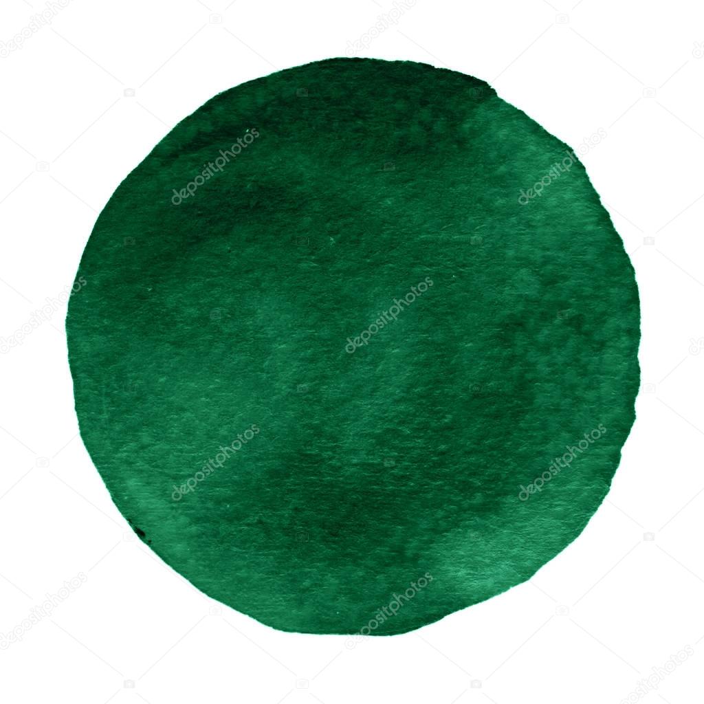 Green watercolor circle. Watercolour stain with uneven edges isolated on white background. Design element. Watercolor retro geometric round shape