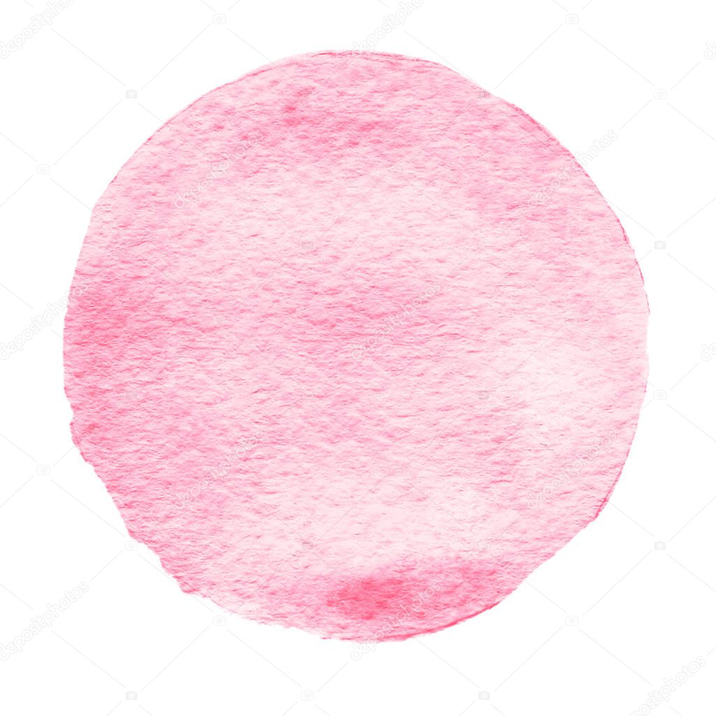 Pink watercolor circle. Watercolour stain with uneven edges isolated on white background. Design element. Watercolor retro geometric round shape