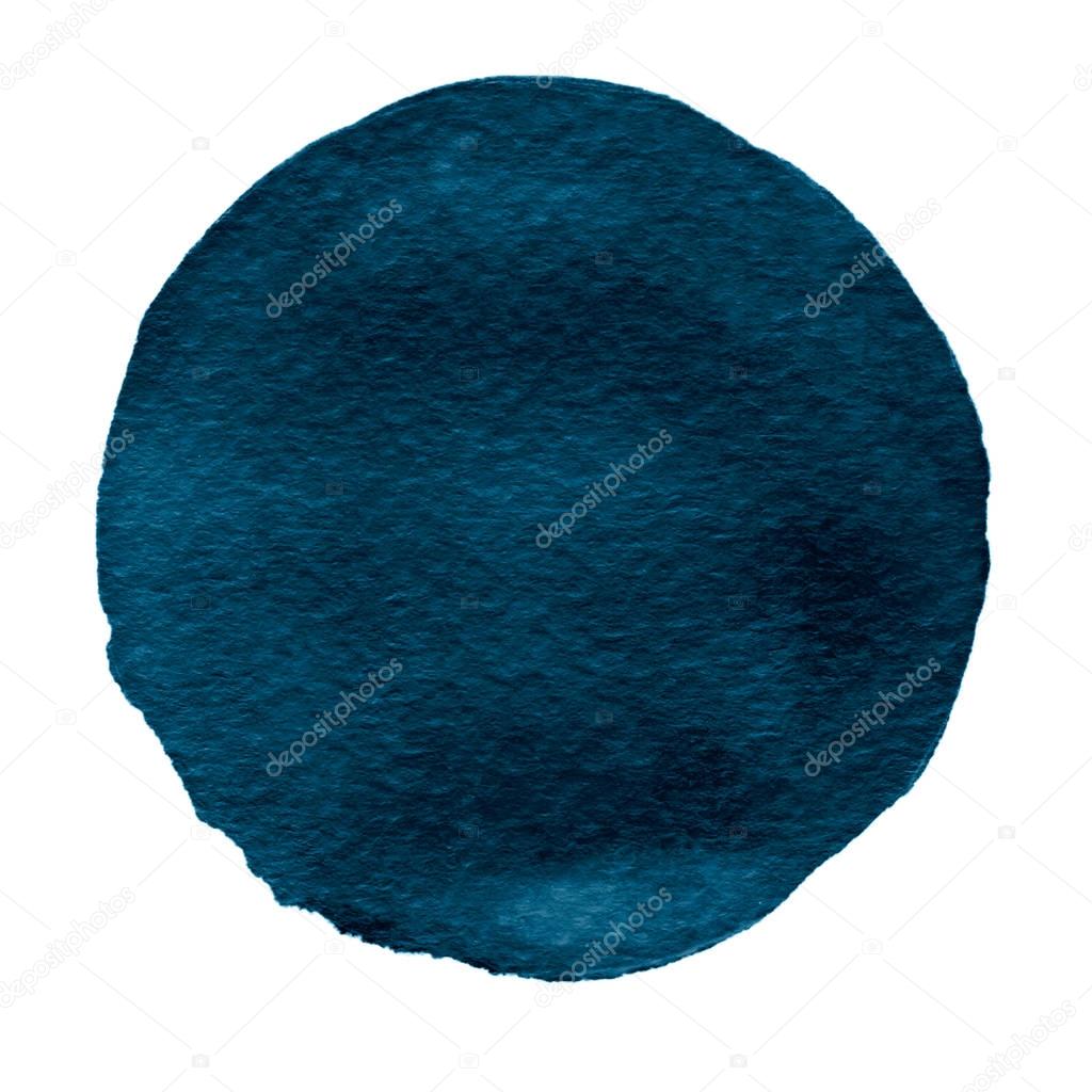 Blue watercolor circle. Watercolour stain with uneven edges isolated on white background. Design element. Watercolor retro geometric round shape