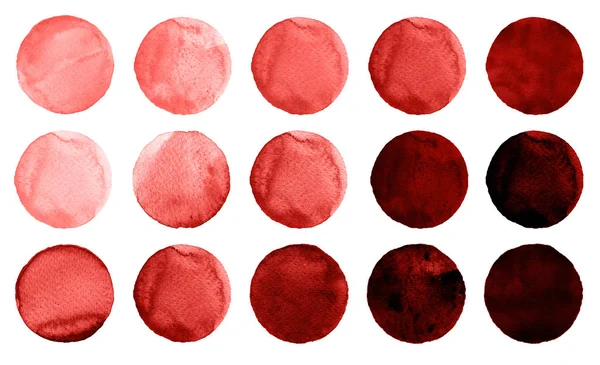 Set of burgundy, brown, dark red, sienna, rufous, maroon watercolor circles isolated on white. — Stock Photo, Image