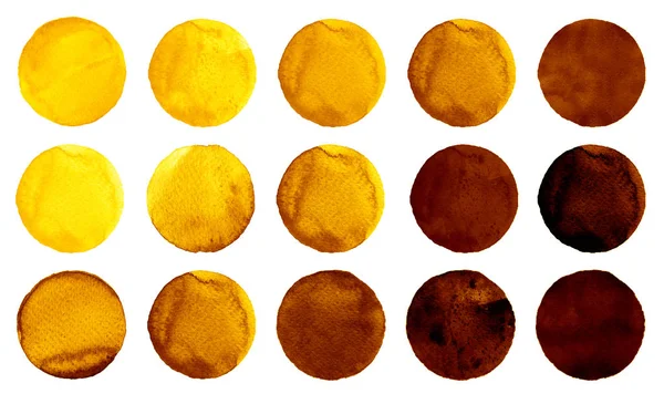 Watercolor circles in shades of yellow and brown colors isolated on white background. — Stock Photo, Image