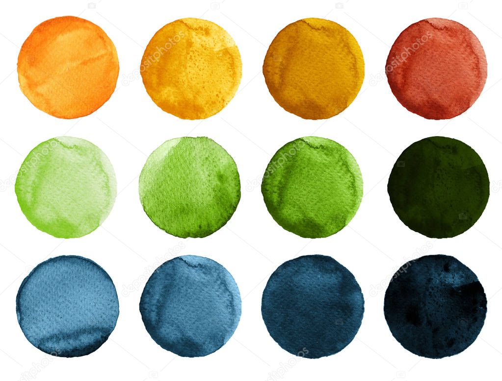 Set of watercolor circles isolated on white background. Watercolour illustration for design element, logo, pattern. Abstract watercolor round shapes, blobs of blue, yellow, brown, green colors