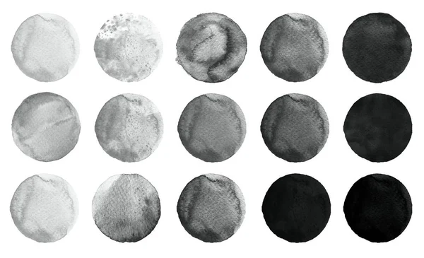 Sada akvarel kruhů, které jsou černé a šedé izolované na bílém. — Stock fotografie