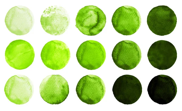 Akvarell cirklar i olika nyanser av grön färg isolerad på vit bakgrund. — Stockfoto