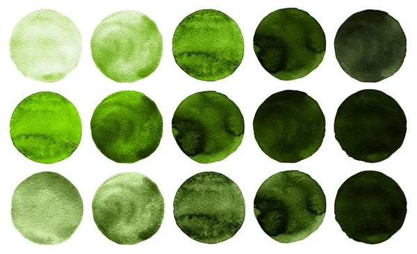 Círculos de acuarela en tonos de color verde aislados sobre fondo blanco . — Foto de Stock