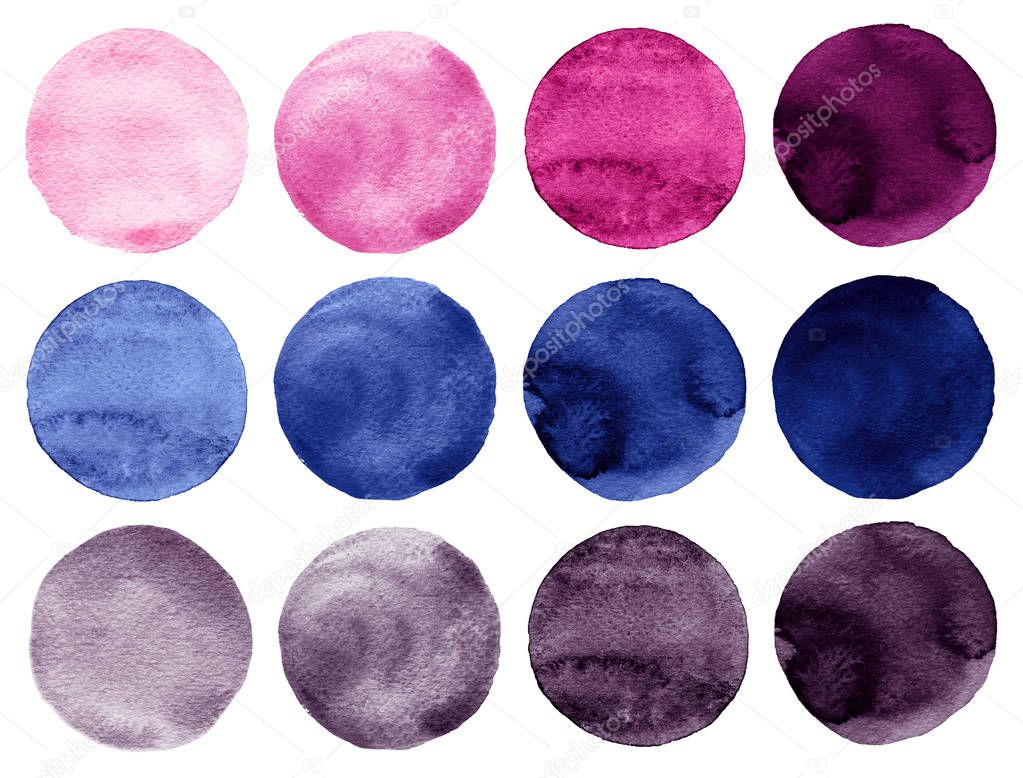 Set of watercolor circles isolated on white background. Watercolour illustration for design element, logo, pattern. Abstract watercolor round shapes, blobs of blue, purple, pink, violet colors