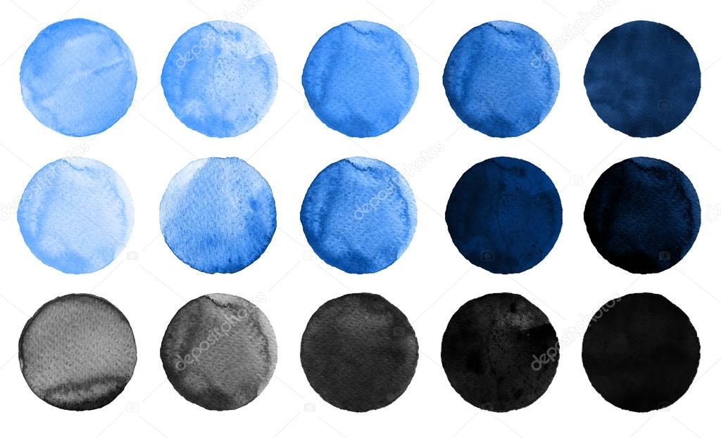 Watercolor circles collection blue colors. Watercolor stains set isolated on white background. Design elements. Retro geometric pattern. Watercolour illustration for design element, logo, tag