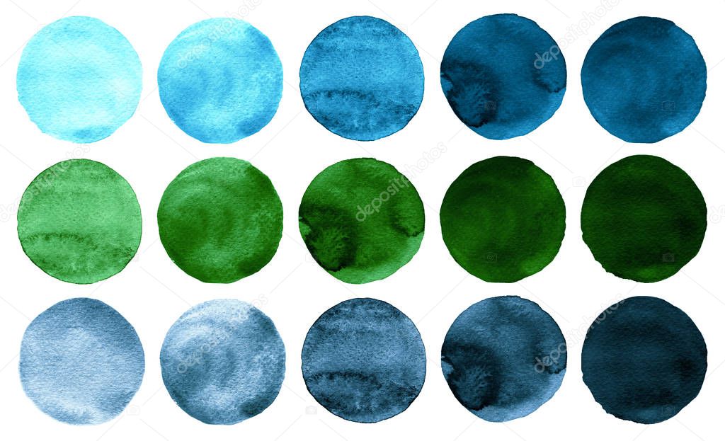 Watercolor circles collection blue, mint, indigo, green colors. Watercolor stains set isolated on white background. Retro geometric pattern. Watercolour illustration for design element, logo, tag