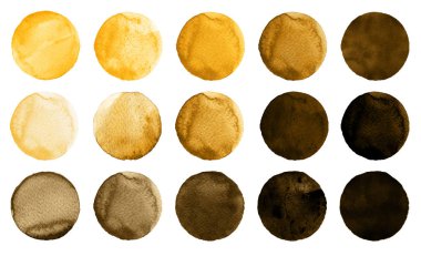 Beyaz arka plan üzerinde izole turuncu, sarı ve kahverengi renk tonları suluboya daireler.