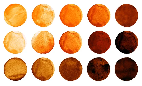 Watercolor circles in shades of orange and brown colors isolated on white background. — Stock Photo, Image