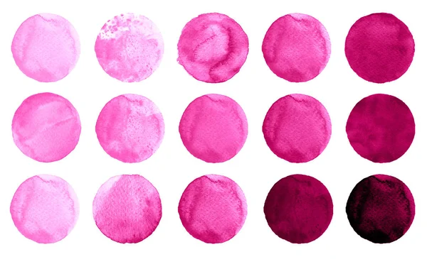 Συλλογή ροζ χρώματα ακουαρέλα κύκλους. Λεκέδες που απομονώνονται σε λευκό φόντο. Στοιχεία σχεδιασμού — Φωτογραφία Αρχείου