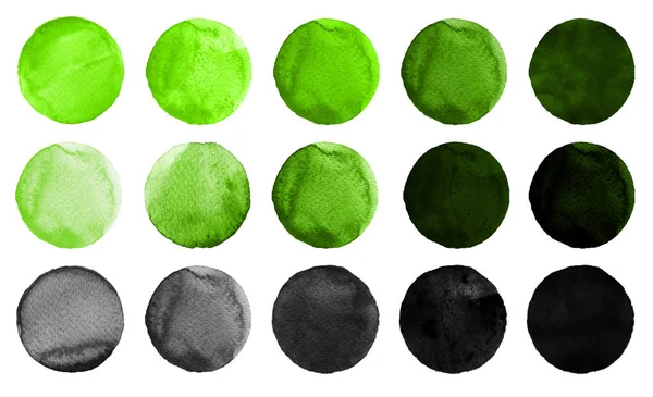 Círculos aquarela em tons de cor verde e preto isolado no fundo branco . — Fotografia de Stock