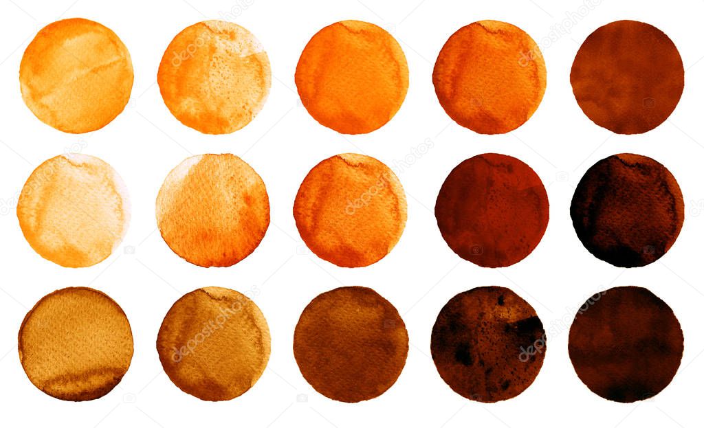 Watercolor circles in shades of orange and brown colors isolated on white background.