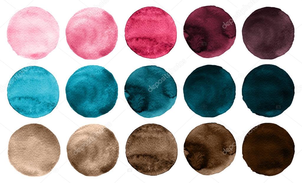 Watercolor circles collection pink, blue and brown colors.
