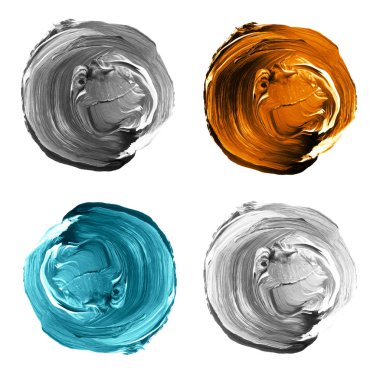 Renkli dokulu akrilik daireler üzerinde beyaz izole kümesi.