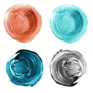 Renkli dokulu akrilik daireler üzerinde beyaz izole kümesi.