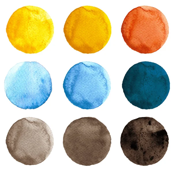 Suluboya yuvarlak arka planlar, mavi, sarı, kahverengi, turuncu renk BLOB'lar boyalı — Stok fotoğraf