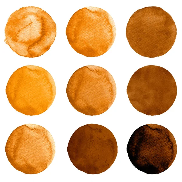 Akvarell cirklar i olika nyanser av orange och bruna färger isolerad på vit bakgrund. — Stockfoto