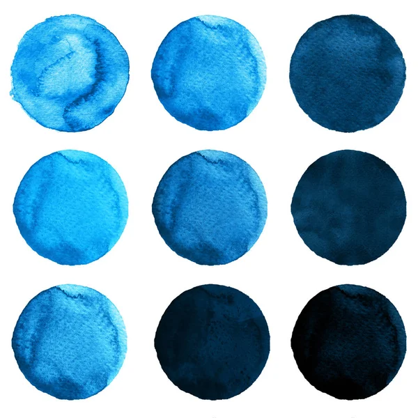 一组被白色隔离的蓝色水彩圈. — 图库照片