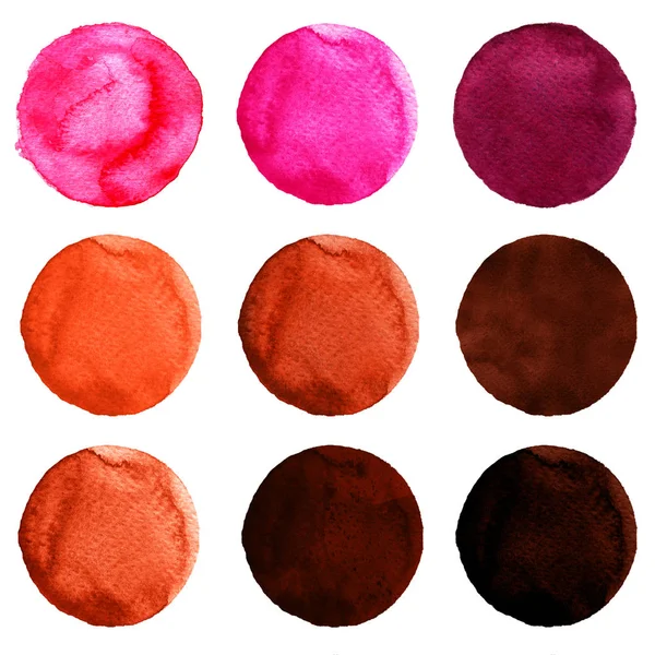 Conjunto de círculos de color burdeos, marrón, rojo oscuro, rosa acuarela aislado en blanco . — Foto de Stock