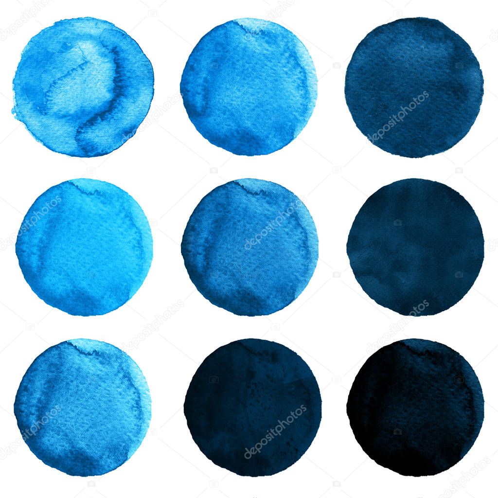 Watercolor circles collection blue colors. Watercolor stains set isolated on white background. Design elements. Retro geometric pattern. Watercolour illustration for design element, logo, tag