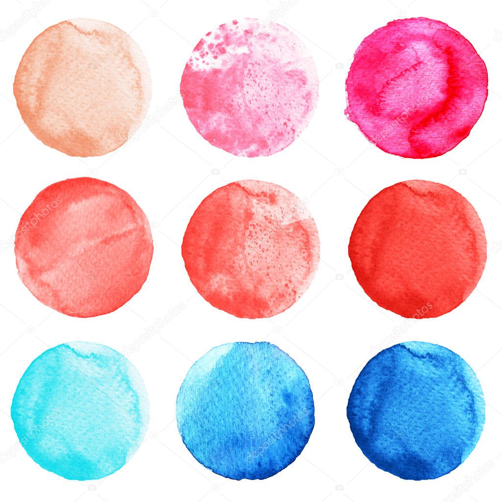 Abstract watercolor round shapes, backgrounds of blue, red, pink colors