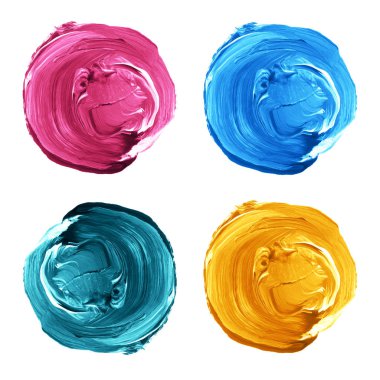 Kümesi üzerinde beyaz izole renkli akrilik daireler.