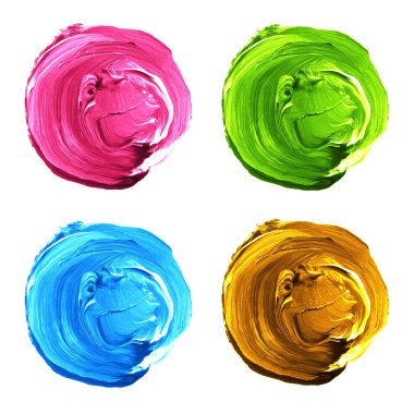 Kümesi üzerinde beyaz izole renkli akrilik daireler.