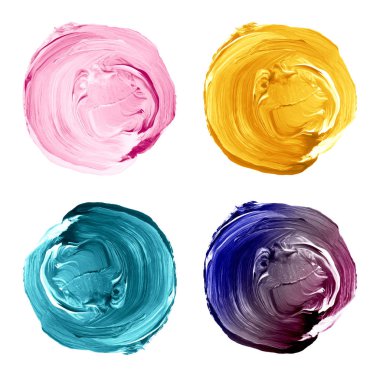 Kümesi üzerinde beyaz izole renkli akrilik daireler.