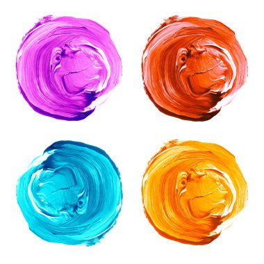 Renkli akrilik pastel daireler üzerinde beyaz izole kümesi.