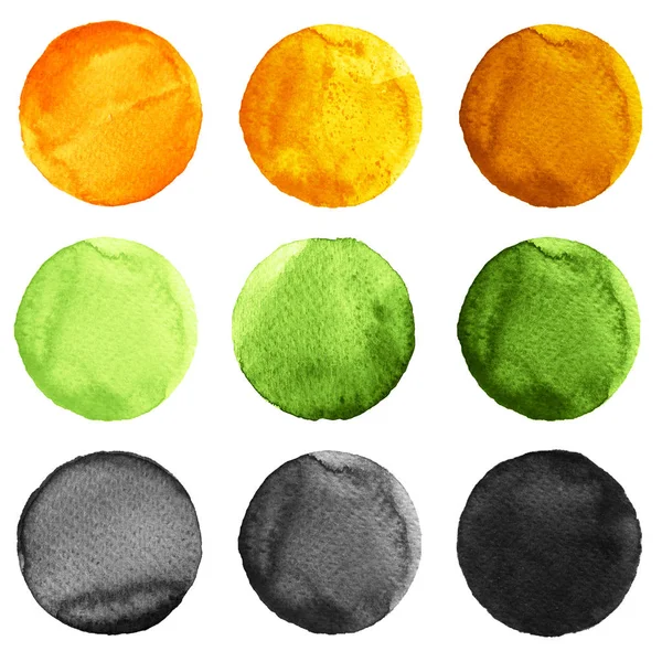 Abstrakte Aquarell rund bemalten Hintergründen, Kleckse von blauen, gelben, orangen, schwarzen Farben — Stockfoto