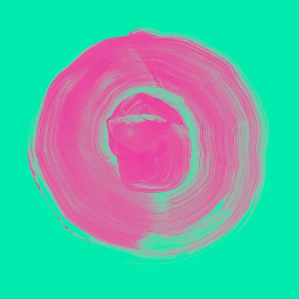 Pink textured acrylic circle. Watercolour stain on blue mint background. — Stock Photo, Image