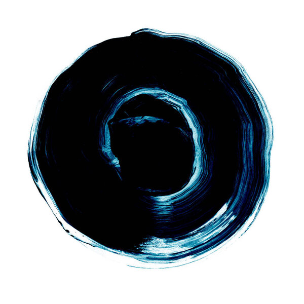 Черно-синий текстурированный акриловый круг. Пятно акварели на белом фоне
.