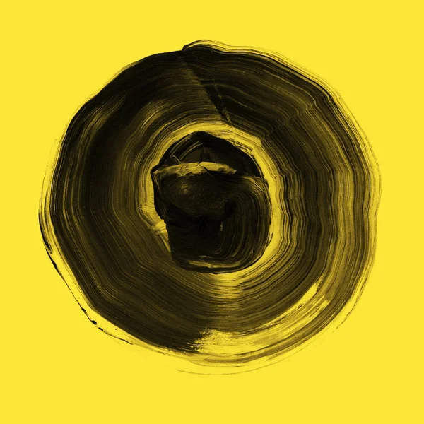 블랙, 중성 회색 질감 아크릴 원형. 노란 배경에 수채화 얼룩. — 스톡 사진
