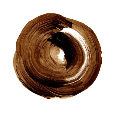 Kahverengi karamel desenli akrilik daire. Düz olmayan kenarları beyaz arka planda izole edilmiş suluboya lekesi. Tasarım elemanı. Suluboya retro geometrik yuvarlak şekil