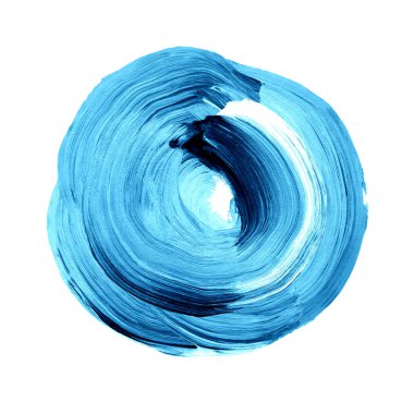 Açık ve koyu mavi dokulu akrilik daire. Suluboya beyaz arka plan üzerinde leke.