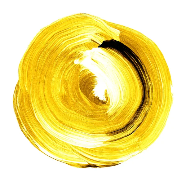 Círculo acrílico texturizado fuego amarillo. Mancha de acuarela sobre fondo blanco . — Foto de Stock