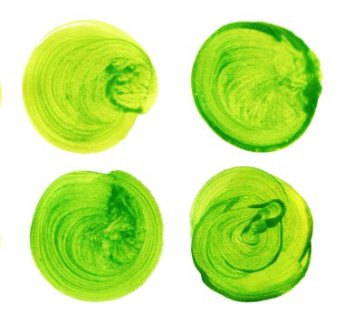 Suluboya el daire boyalı beyaz izole yeşil kümesi. Gösterim amacıyla sanatsal tasarım. Yuvarlak lekeler, BLOB'ları