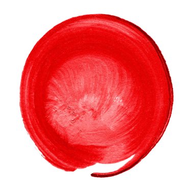 Kırmızı granadin desenli akrilik daire. Düz olmayan kenarları beyaz arka planda izole edilmiş suluboya lekesi. Tasarım elemanı. Suluboya retro geometrik yuvarlak şekil