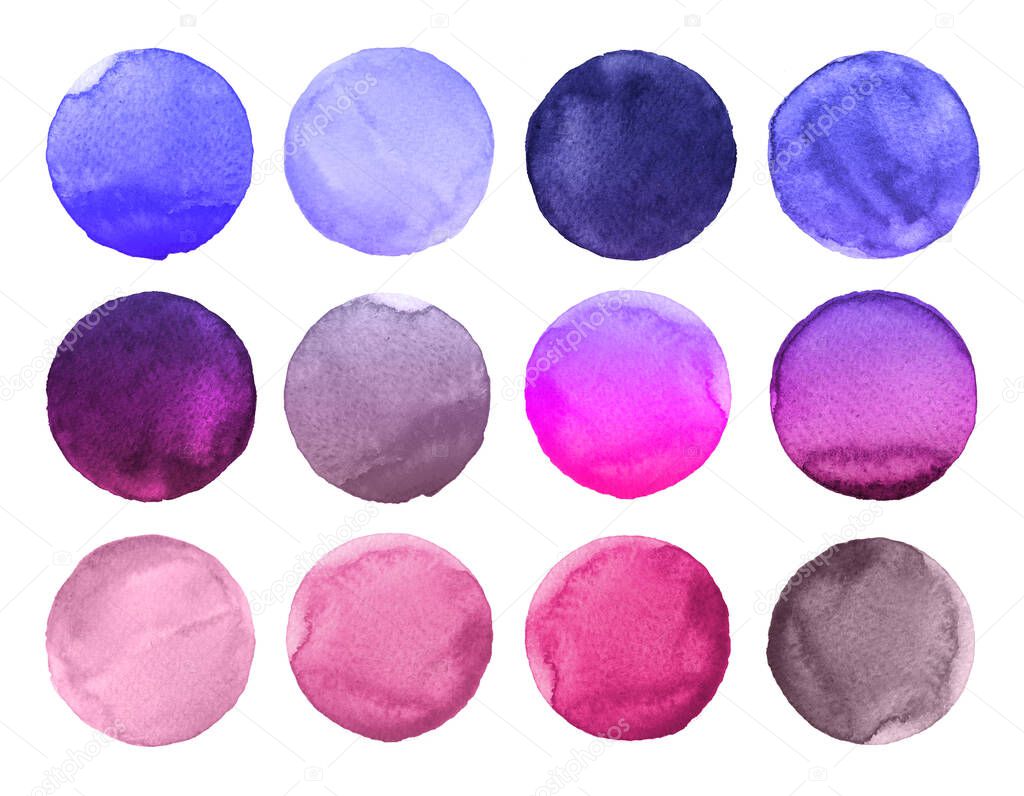 Set of colorful watercolor circles isolated on white. Watercolor Illustration for artistic design. Round shapes, stains