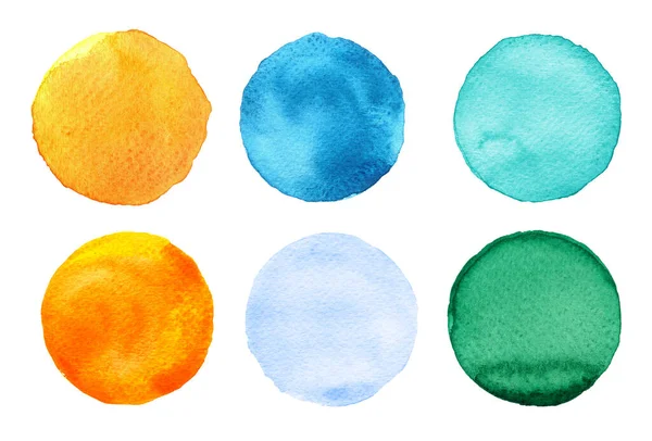 Σύνολο πολύχρωμων κύκλων υδατογραφίας που απομονώνονται στο λευκό. Υδατογραφία στρογγυλά σχήματα — Φωτογραφία Αρχείου