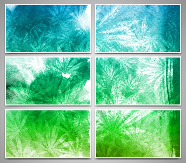 Uppsättning kort med akvarell bakgrund av marijuanablad. Abstrakt mall med Cannabis Sativa blad — Stockfoto
